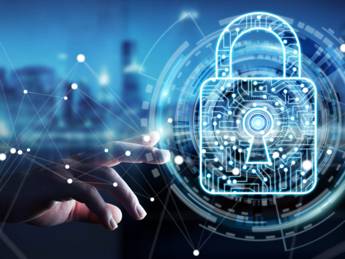 Businessman using digital padlock to secure his datas 3D rendering