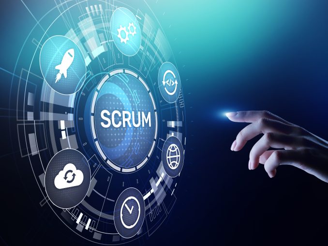 SCRUM, Agile development methodology, programming and application design technology concept on virtual screen.