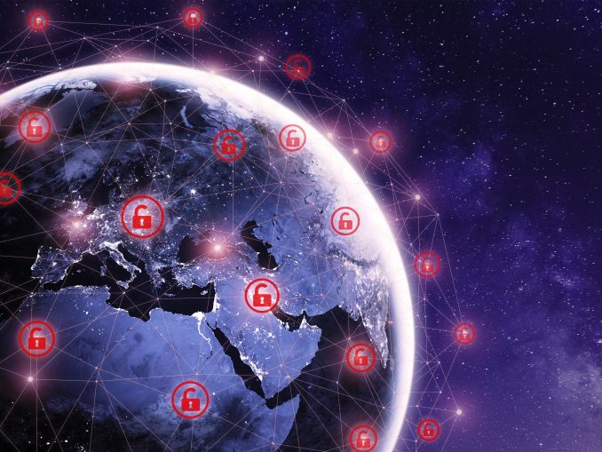 Global cyber attack around the world with planet Earth viewed fr