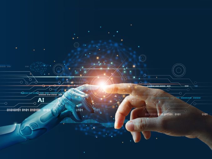 AI, Machine learning, Hands of robot and human touching on big d