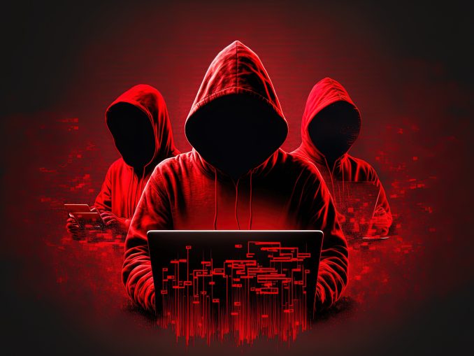 faceless hackers in red shadows using laptops, along with abstract digital symbols. Generative AI