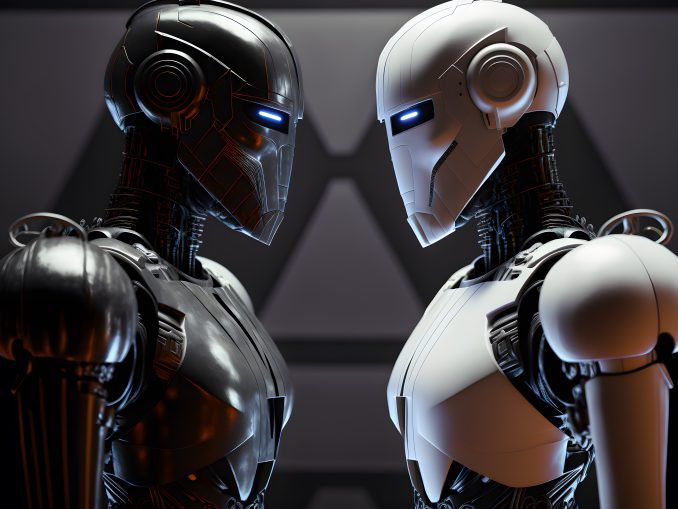 Black and white robots look at each other with shining eyes. The concept of confrontation, rivalry, competition. Generative AI technology