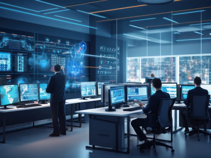 Network operations center ( NOC) with technicians monitoring network traffic, troubleshooting issues, and ensuring network performance