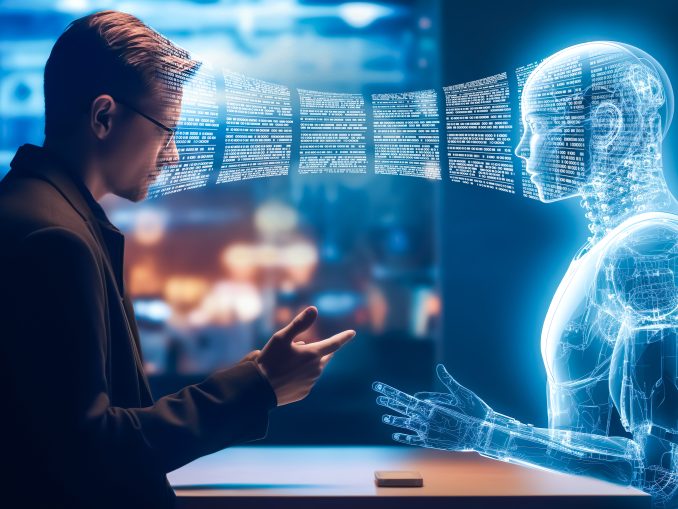 Robotics or ai artificial intelligence connecting interaction with human.Chat bot software network.big data and transfer protocol system.Neuralink with smart brain.ai generative technology