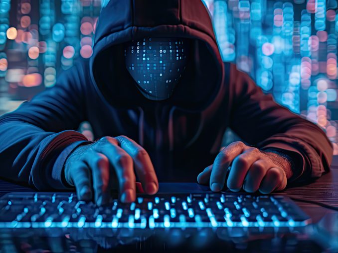 hacker front of his computer committing digital cybercrime