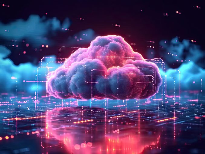 Technology networking and digital communication in business with cloud computing concept web storage for data global social media ai server online binary illustration background modern futuristic
