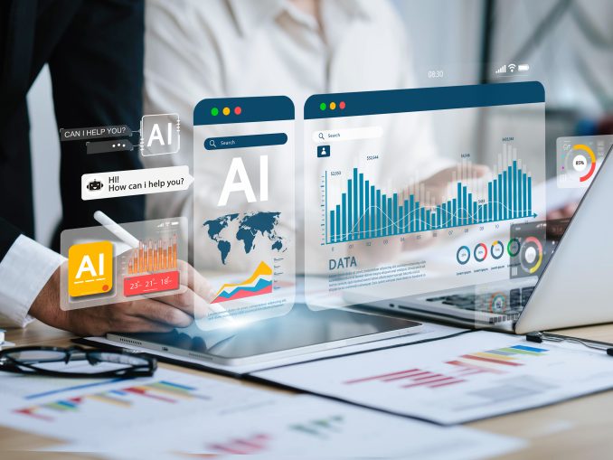 Business people analyze data and big data technology Two businessmen calculate business analysis and display images of complex data sets on a computer on the screen. artificial intelligence
