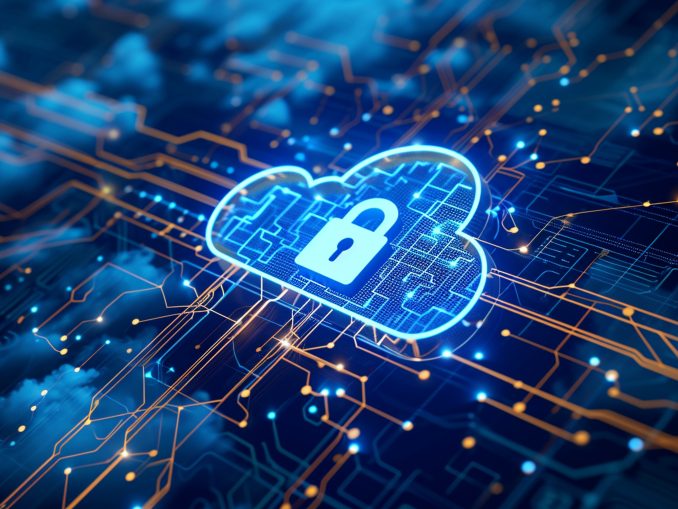 A cloud computing diagram with secure network connections and a central lock symbol, Cloud Security, dynamic and dramatic compositions, with copy space