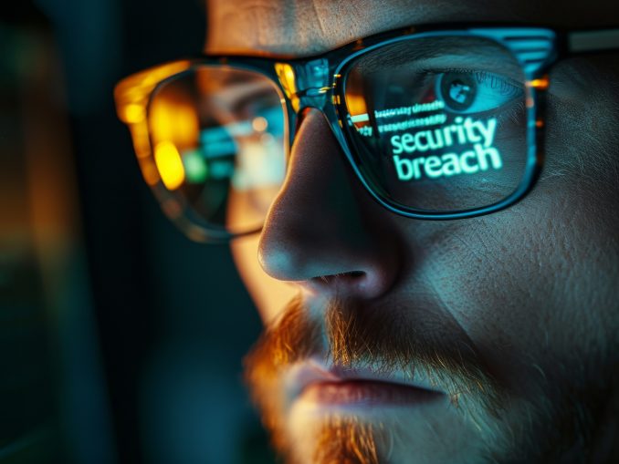 Cybersecurity Concept, Security Breach Reflection in Glasses on Man by Computer Monitor