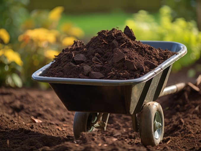 A gardener's wheelbarrow filled with rich compost