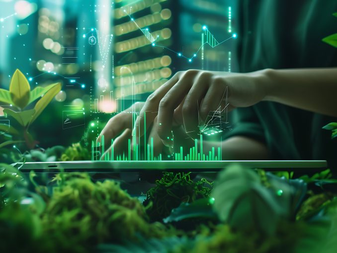 Green startup entrepreneur leverages tablet for sustainable finance-tech management