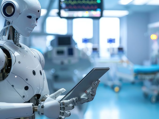 robot doctor in a hospital room with a tablet in his hands against the background of the hospital room. The concept of future technologies.