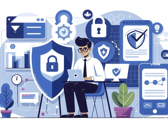 Flat vector illustration depicting a cybersecurity specialist developing a robust defense plan against digital threats in a candid daily work environment. Isolated on white background.