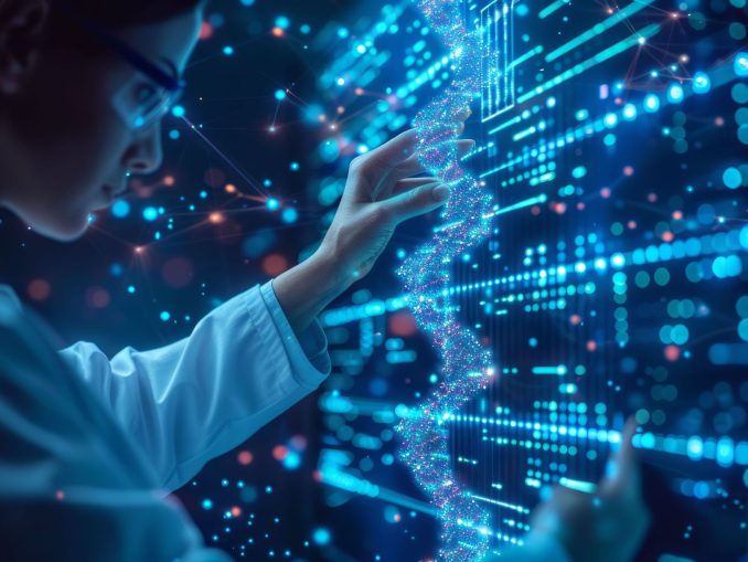 A medical researcher analyzing genomic data with AI algorithms to identify potential treatment targets for precision medicine approaches, paving the way for personalized therapies.
