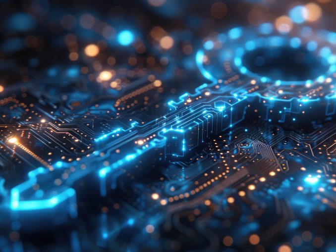 A digital encryption key with glowing blue circuits, on a solid cobalt blue background.