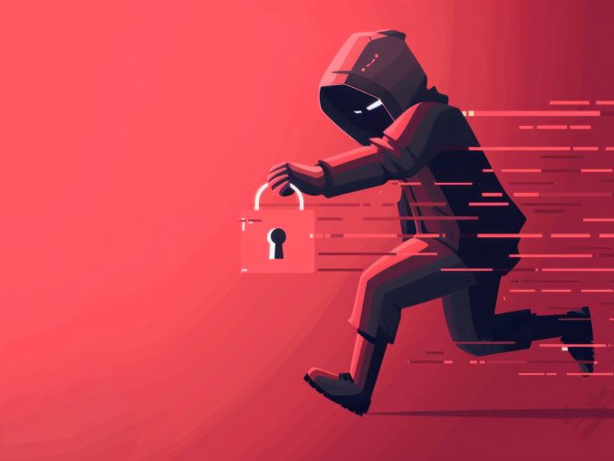 A hacker runs with a padlock near shades of Magenta and Carmine during an artrelated recreation