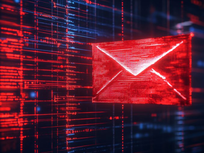 Red flag with a compromised email system, bold and clear style, red flag with detailed compromised system message, modern and minimal, frontal view, flag as focal point, email system details in