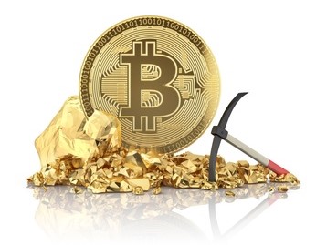 Bitcoin standing on a golden stones with pickaxe for mining of cryptocurrency.