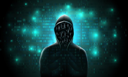 Silhouette of a hacker in a hood with binary code on a luminous background, hacking of a computer system, theft of data