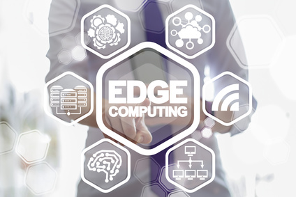 EDGE Computing Information Technology Concept. IT expert used a virtual interface clicks the words edge computing surrounded by specific icons.