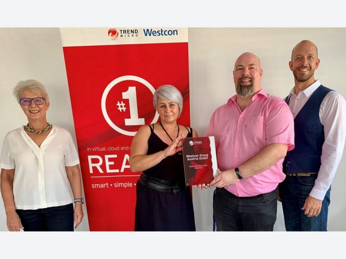 Westcon Group Austria GmbH = Bester Distributor 2019 Bester Distributor 2019: v.l.n.r. Christine Baier, Partner Business Manager Austria bei Trend Micro, Daniela Knaup, Inside Sales bei Westcon Group Austria GmbH, Heinz Neubauer, Business Development Manager Trend Micro und Walter Ludwig, Managing Director, Alpine bei Westcon Group Austria GmbH