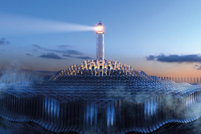 Lighthouse beaming in night sky above futuristic cloud